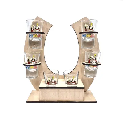 Tarani port popular romania, suport potcoava din lemn cu 6 pahare tip shout, model hgs042